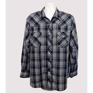 Wrangler Western Snap Shirt 2XL Black White Plaid Long Sleeve Polyester Cotton